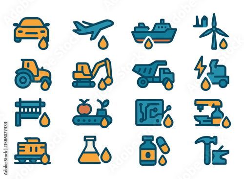 Industrial lubricant applications modern flat style. automotive, aviation, marine, manufacturing, agriculture, construction, mining, energy, textile, food processing