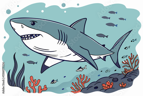 Cartoon shark swimming in blue ocean water with coral and fish