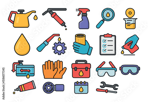 Lubrication processes and maintenance modern flat style. oiling, greasing, cleaning, inspection, dripping oil, applying grease, replacing oil filter, measuring viscosity