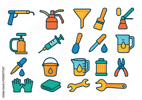 Lubrication tools and equipment modern flat style. grease gun, oil can, funnel, brush, pump, syringe, spatula, spray nozzle, dropper, bucket, measuring cup, oil filter