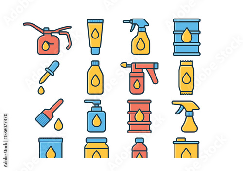 Lubricant types and containers modern flat style. oil can, grease tube, spray bottle, lubricant drum, dropper, oil bottle, grease gun, lubricant sachet, lubricant brush