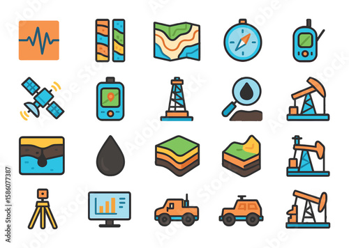 Petroleum exploration and geology modern flat style. seismic survey, rock core sample, geological map, compass, satellite, GPS device, drill rig, magnifying glass, oil