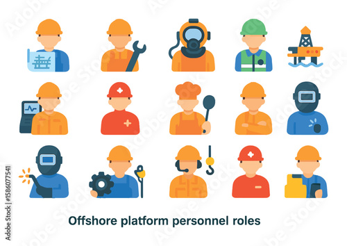 Offshore platform personnel roles modern flat style. engineer, technician, diver, safety officer, operator, medic, cook, supervisor, welder, mechanic, crane operator