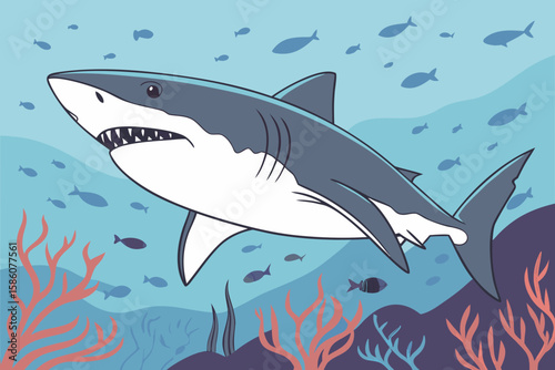 Great white shark swimming in blue ocean with coral and fish