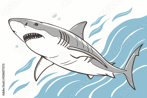 Gray shark swims through blue water with bubbles great white shark