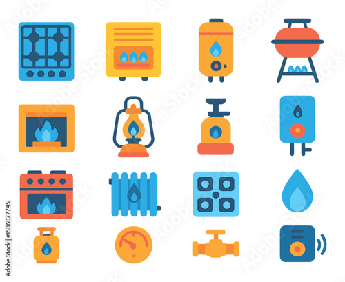 Gas appliances and usage modern flat style. gas stove, gas heater, gas water heater, gas grill, gas fireplace, gas lantern, gas cooker, gas boiler, gas oven, gas radiator