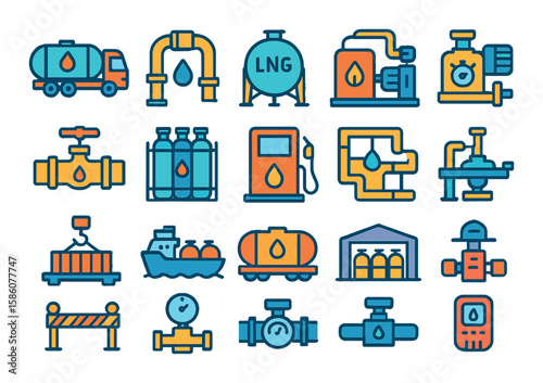 Gas transportation and storage modern flat style. gas tanker truck, gas pipeline, LNG storage tank, gas compressor, valve control, gas cylinder rack, filling station