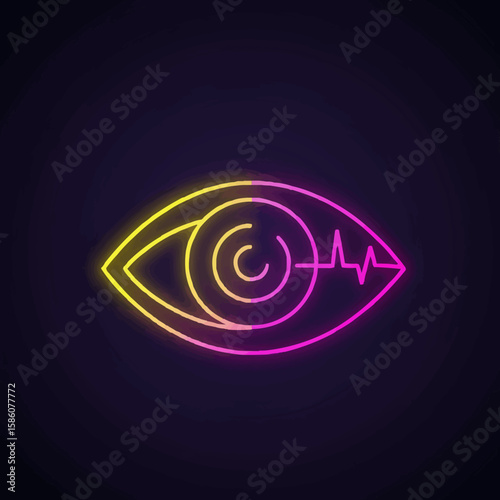 Neon eye with pulse line, futuristic vision symbol, AI and technology concept design