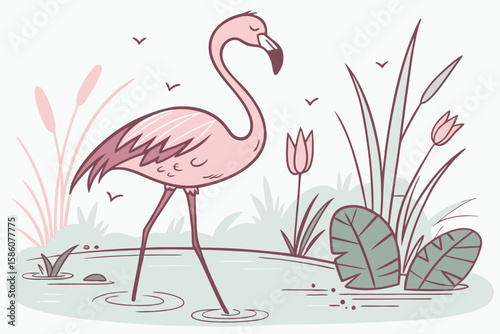 Pink flamingo wading in shallow water with reeds and flowers