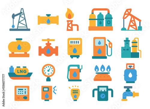 Gas extraction and infrastructure modern flat style. gas well, pipeline, gas flare, compressor station, storage tank, gas valve, gas meter, drilling rig, LNG tanker