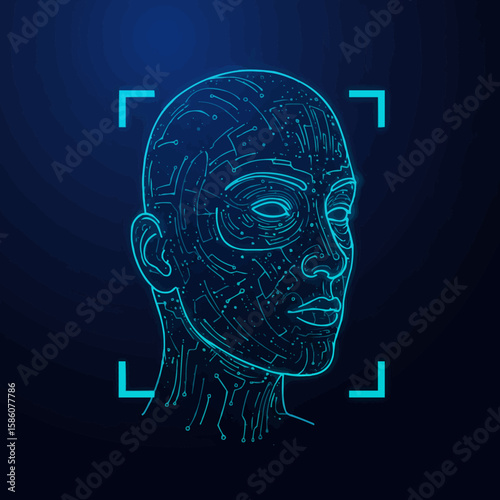 AI Face Recognition Technology Concept, Futuristic Digital Human, Biometric Scan