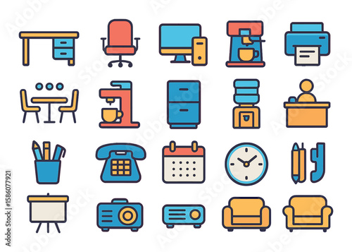 Office facilities modern flat style. desk, chair, computer, printer, meeting room, coffee machine, file cabinet, water cooler, reception area, telephone, calendar, clock