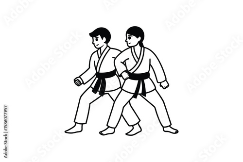 Two karate practitioners in uniform a man and a woman demonstrating a stance in a black and white line art