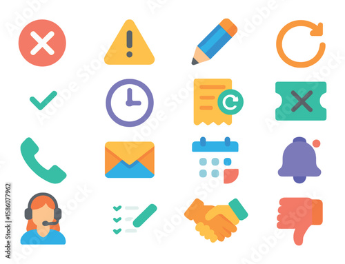 Booking cancellation and modification modern flat style. cancel button, warning triangle, edit pencil, refresh arrow, confirmation dialog, clock, refund receipt, crossed