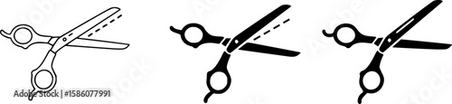 Scissors with cut lines symbols isolated on white background. Scissors icons set. Vector illustration
