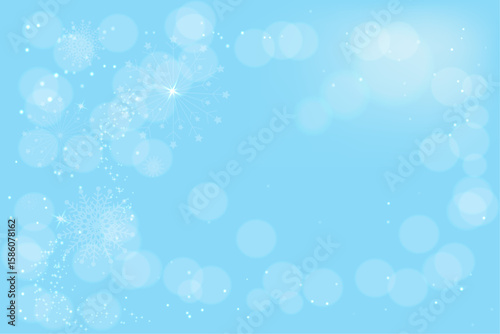 Blue background with falling snowflakes, bokeh effect, glowing dots, and glitter. Frosty snow effect on a blue background. Vector illustration. Abstract bright white flickering lights and snowflakes. 
