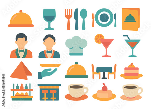 Dining and hospitality modern flat style. cloche, wine glass, cutlery set, menu, waiter, chef hat, table setting, cocktail glass, bar counter, napkin, serving tray, food
