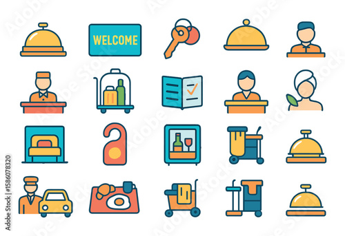 Hospitality service icons modern flat style. bellhop bell, welcome mat, hotel key, room service tray, concierge desk, luggage cart, reservation book, front desk, guest