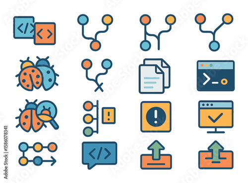 Duplicate in software development modern flat style. code clone, repository fork, version control, branch, pull request, duplicate bug, merge conflict, duplicate file