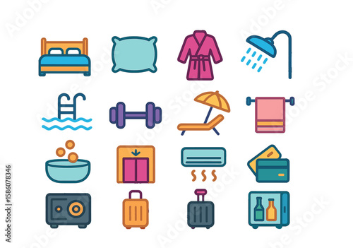 Accommodation and amenities modern flat style. bed, pillow, bathrobe, shower, swimming pool, gym, lounge chair, umbrella, towel rack, hot tub, elevator, air conditioning
