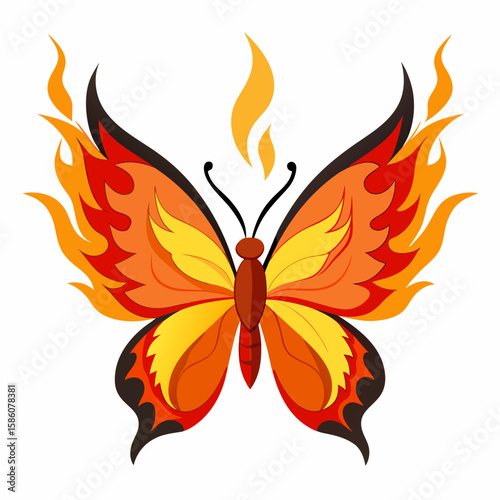Fiery butterfly with flames and heat isolated on white background