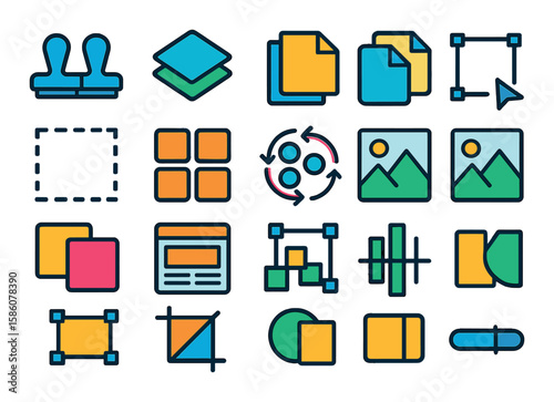 Duplicate objects in design modern flat style. clone stamp, duplicate layer, copy paste, transform tool, selection box, grid layout, pattern repeat, mirror image, overlay