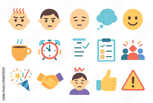 Emotional states during revision modern flat style. stressed face, focused face, tired eyes, happy face, coffee cup, alarm clock, thinking bubble, checklist, celebration