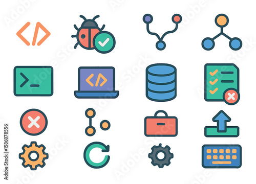 Software and code revision modern flat style. code brackets, bug fix, merge request, version control, pull request, terminal, laptop, database, checklist, error icon