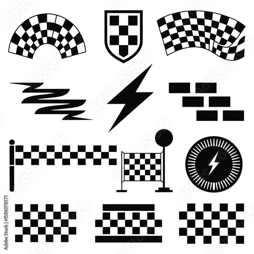 Checkered flag racing icons set featuring speed, sport competition, and finish line symbols