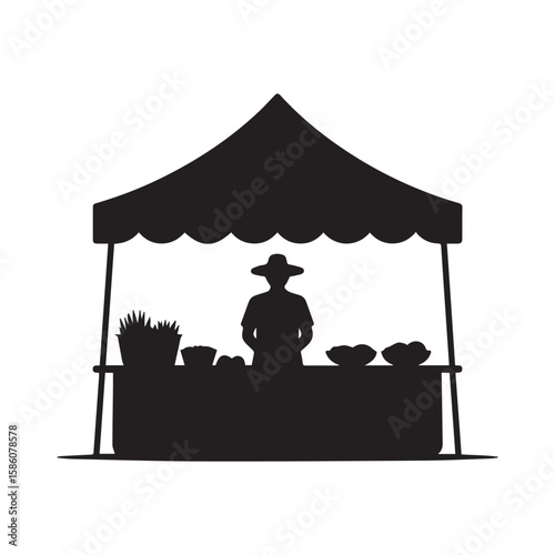 Vector art of a silhouette of a farmer selling produce at an outdoor market stall, isolated on white background