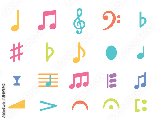 Musical notes and symbols modern flat style. quarter note, eighth note, treble clef, bass clef, sharp sign, flat sign, natural sign, whole note, rest symbol, music staff