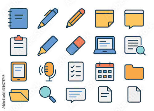 Note-taking tools and apps modern flat style. notebook, pen, pencil, sticky note, clipboard, highlighter, eraser, laptop, tablet, voice recorder, checklist, calendar