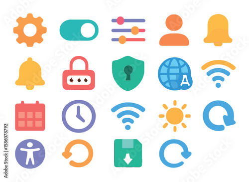 Settings and preferences modern flat style. gear icon, toggle switch, slider bar, user profile, notification bell, password lock, privacy shield, language selector