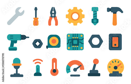Mechanical and device adjustments modern flat style. wrench, screwdriver, pliers, gear, bolt, nut, hammer, drill, tape measure, circuit board, switch, sensor, thermostat