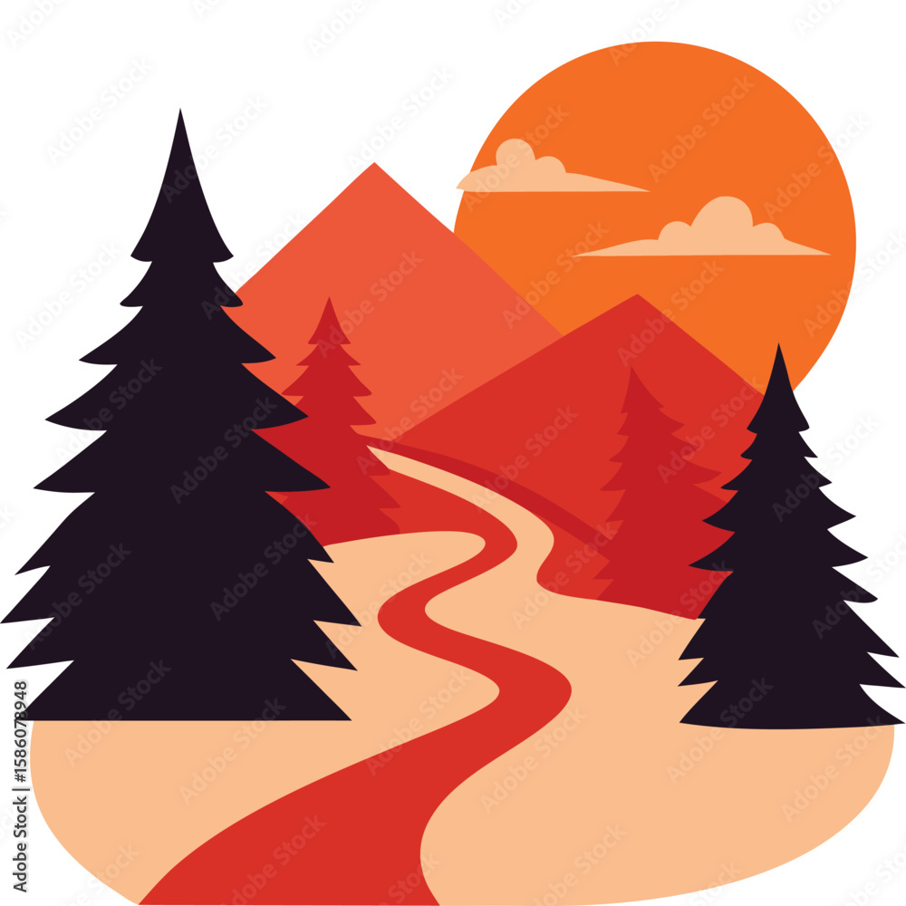 Obraz premium Vector art of a winding path leads through a mountain landscape at sunset isolated on white background