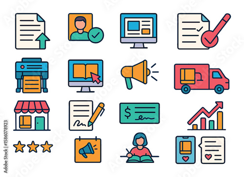 Publishing workflow modern flat style. manuscript submission, editor approval, layout design, proofreading, printing press, online publishing, marketing, distribution