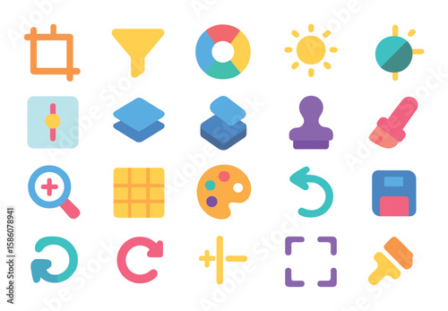 Photo editing tools modern flat style. crop, filter, color wheel, brightness control, contrast slider, layers, clone stamp, brush, zoom, grid, palette, undo, save, rotate