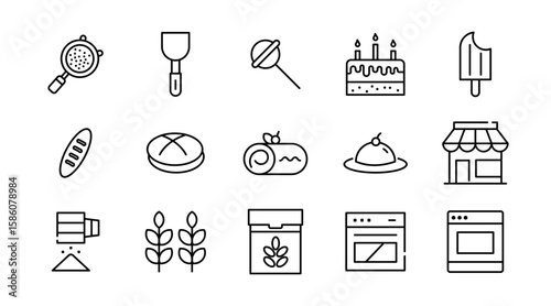 Bakery and sweets linear icon set. Dessert, food and drink, Chocolate, restaurant, pastry, muffin, food, fast food, happy birthday, cheesecake and cookies vector icon set. UI thin line icon pack