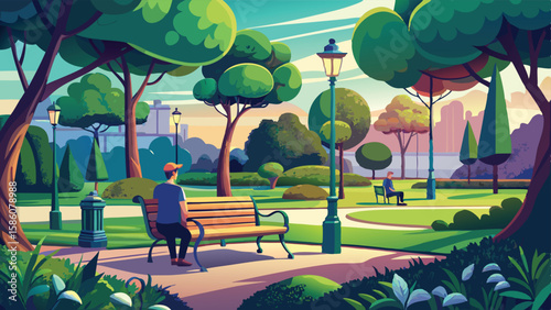 Vector art of a person relaxes on a park bench under the shade of trees isolated on transparent background