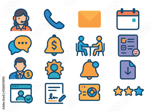 Lending communication and service modern flat style. customer service, phone call, email, appointment calendar, online chat, payment reminder, consultation, feedback form