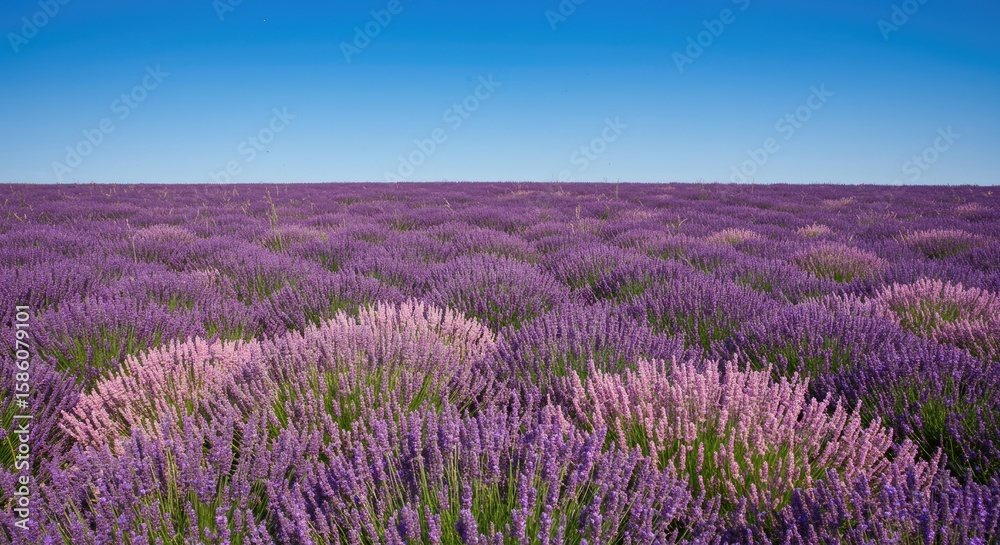 Fototapeta premium Lavender field under a vibrant blue sky. A vast expanse of purple lavender blooms stretches to the horizon