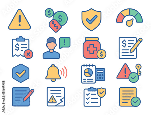 Installment risks and protections modern flat style. default warning, penalty fee, insurance, credit score impact, debt collection, legal action, financial counseling