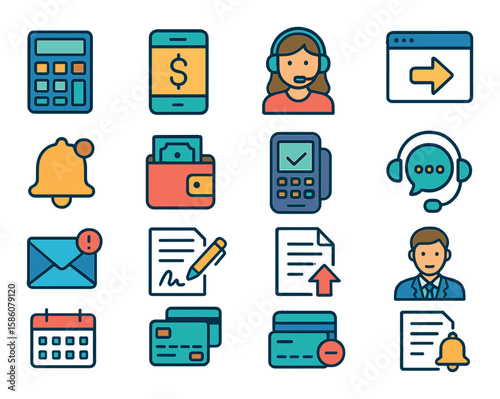 Installment tools and support modern flat style. calculator, budgeting app, customer support, online portal, notification bell, mobile wallet, payment gateway, chat