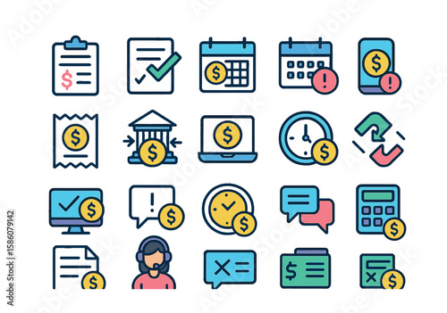 Installment payment process modern flat style. application form, loan approval, payment due date, late fee, payment receipt, bank transfer, online payment, mobile app