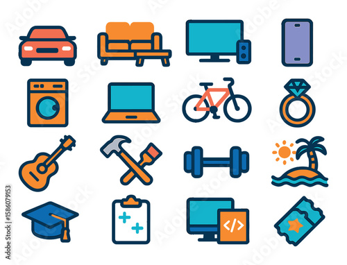 Installment purchase items modern flat style. car, furniture, electronics, smartphone, appliance, laptop, bicycle, jewelry, musical instrument, home improvement, gym