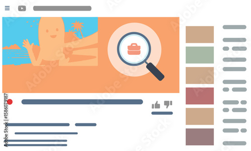 Animated Travel Vlog Interface – YouTube Style Beach Scene Illustration. Flat icon set for web. Ideal for web UI/UX projects, explainer videos, or presentation slides about online content creation or 