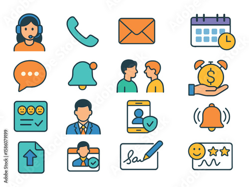 Lender communication and service modern flat style. customer service, phone call, email, appointment calendar, online chat, payment reminder, consultation, feedback form