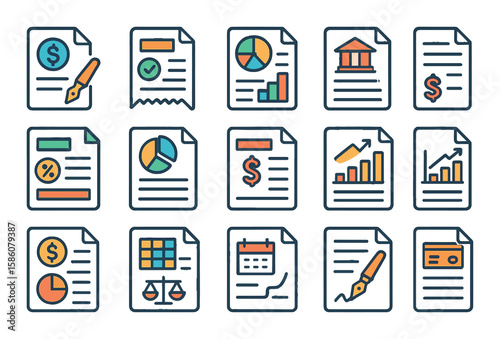 Debtor financial documents modern flat style. loan agreement, payment receipt, credit report, bank statement, tax document, budget sheet, invoice, debt ledger, statement