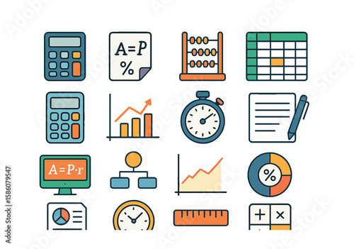Interest calculation tools modern flat style. calculator, formula sheet, abacus, spreadsheet, calculator app, chart, stopwatch, pen and paper, computer, formula diagram