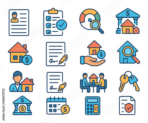 Mortgage process modern flat style. application form, document checklist, credit check, bank approval, property appraisal, loan agreement, down payment, home inspection